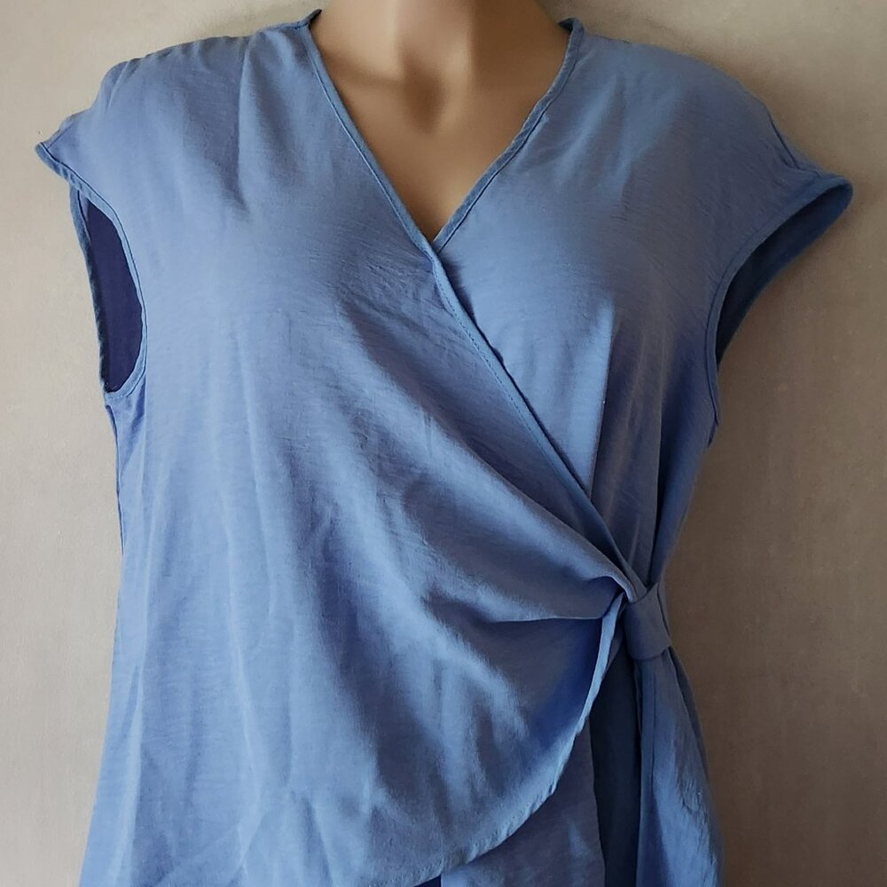SHEIN Light Blue Wrap Tie Front Cap Sleeve Blouse